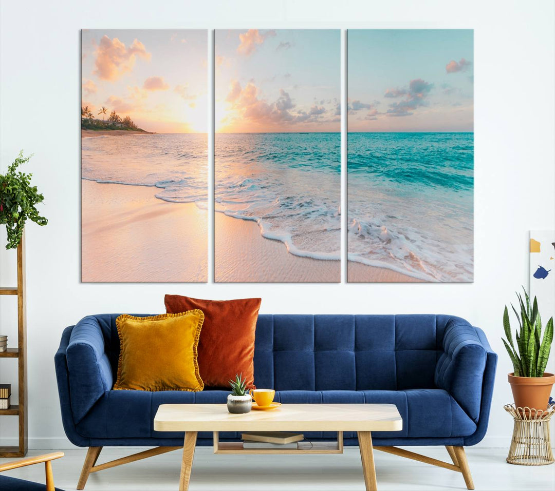 Boho Style Ocean Wall Art Print, Beach Wall Art Canvas Print, Framed Canvas, Modern Wall Decor, Large Wall Art for Living Room