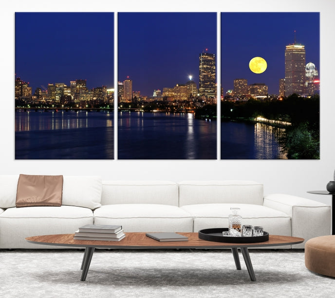 Boston City Full Moon Skyline Downtown Cityscape Large Wall Art Canvas Print