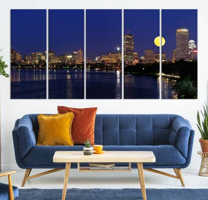 Boston City Full Moon Skyline Downtown Cityscape Large Wall Art Canvas Print