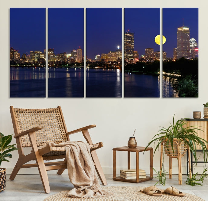 Boston City Full Moon Skyline Downtown Cityscape Large Wall Art Canvas Print