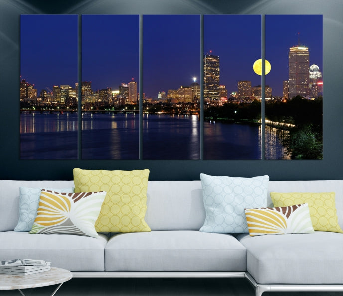 Boston City Full Moon Skyline Downtown Cityscape Large Wall Art Canvas Print