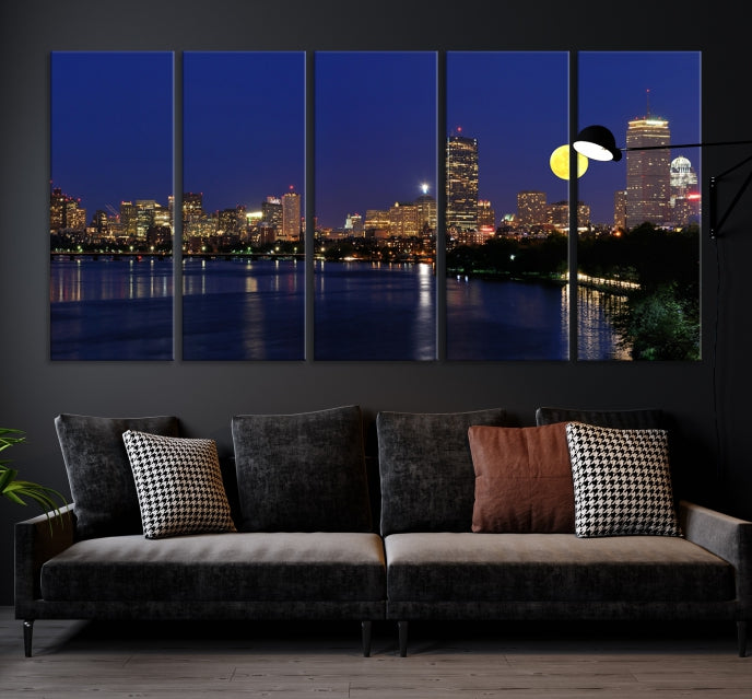 Boston City Full Moon Skyline Downtown Cityscape Large Wall Art Canvas Print