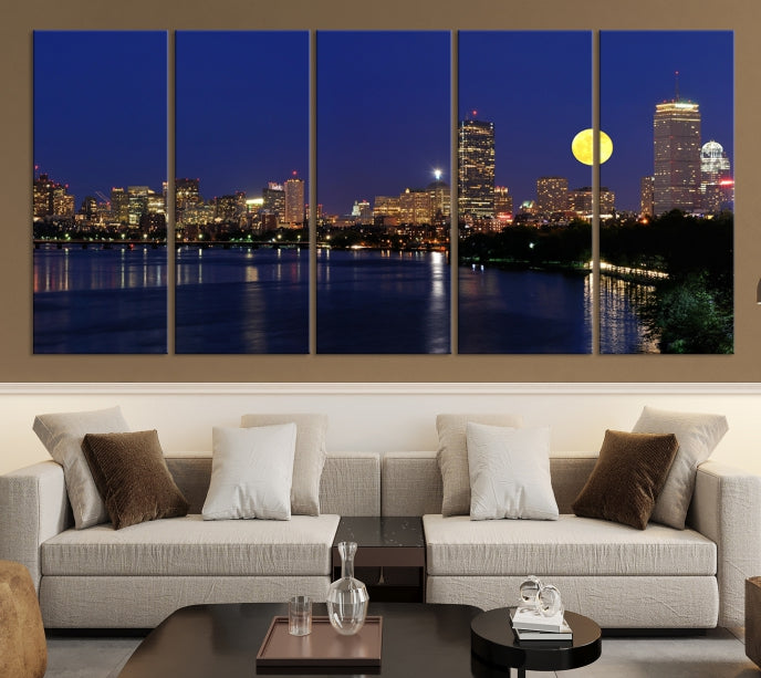 Boston City Full Moon Skyline Downtown Cityscape Large Wall Art Canvas Print