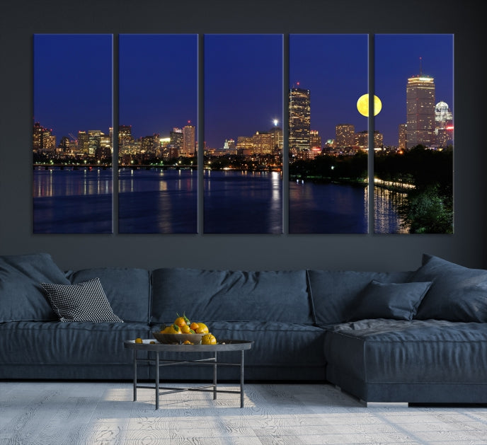 Boston City Full Moon Skyline Downtown Cityscape Large Wall Art Canvas Print