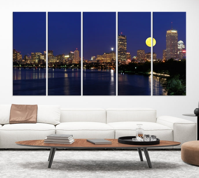 Boston City Full Moon Skyline Downtown Cityscape Large Wall Art Canvas Print