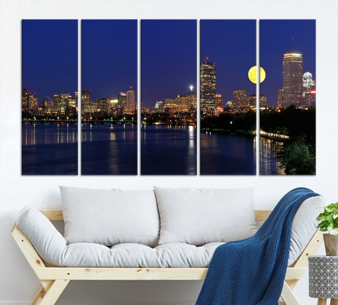 Boston City Full Moon Skyline Downtown Cityscape Large Wall Art Canvas Print