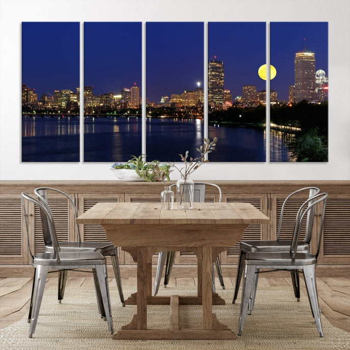 Boston City Full Moon Skyline Downtown Cityscape Large Wall Art Canvas Print