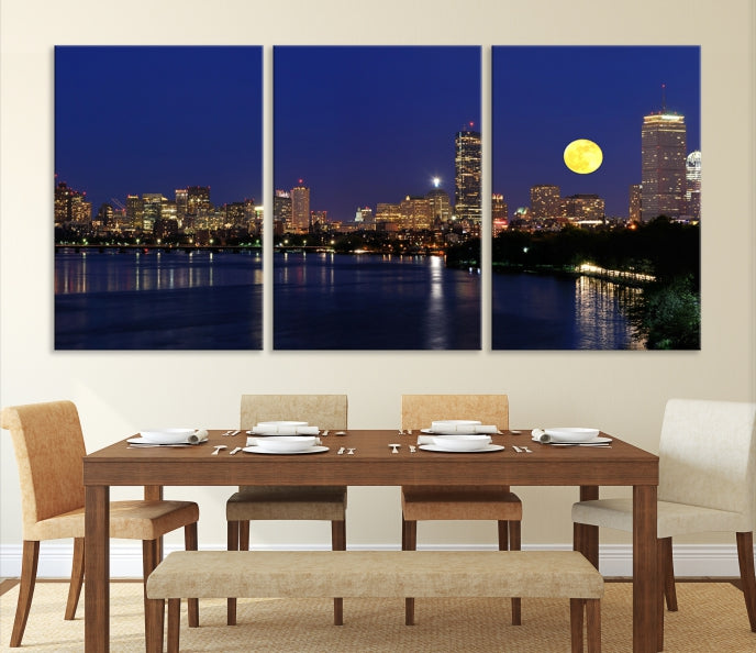 Boston City Full Moon Skyline Downtown Cityscape Large Wall Art Canvas Print