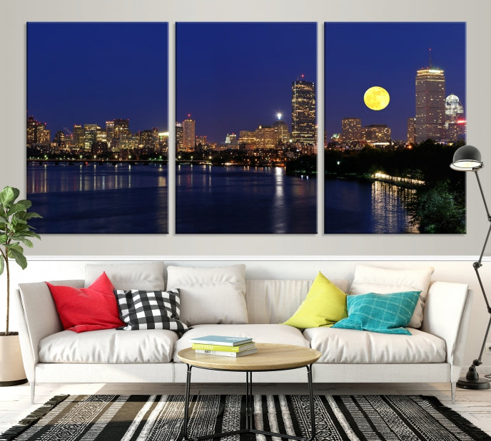 Boston City Full Moon Skyline Downtown Cityscape Large Wall Art Canvas Print