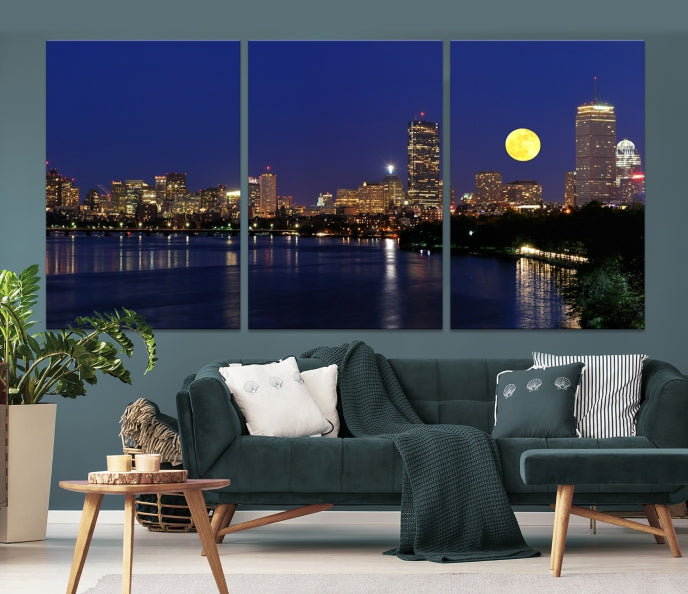 Boston City Full Moon Skyline Downtown Cityscape Large Wall Art Canvas Print