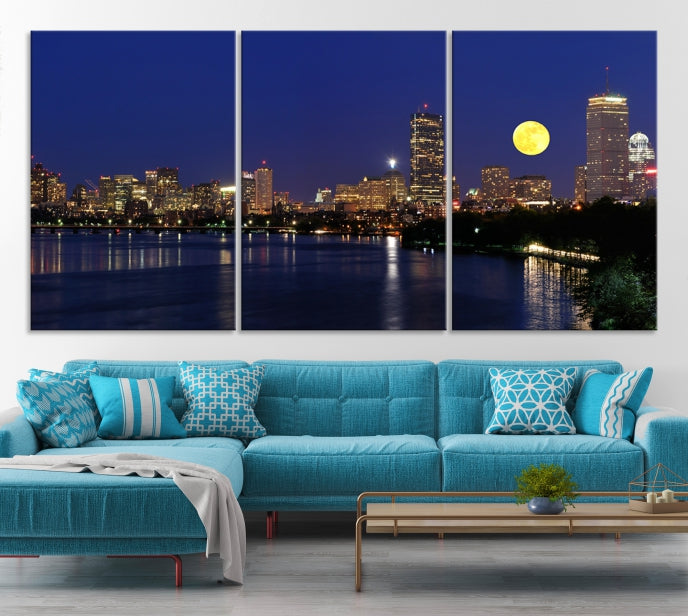 Boston City Full Moon Skyline Downtown Cityscape Large Wall Art Canvas Print