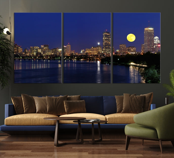 Boston City Full Moon Skyline Downtown Cityscape Large Wall Art Canvas Print