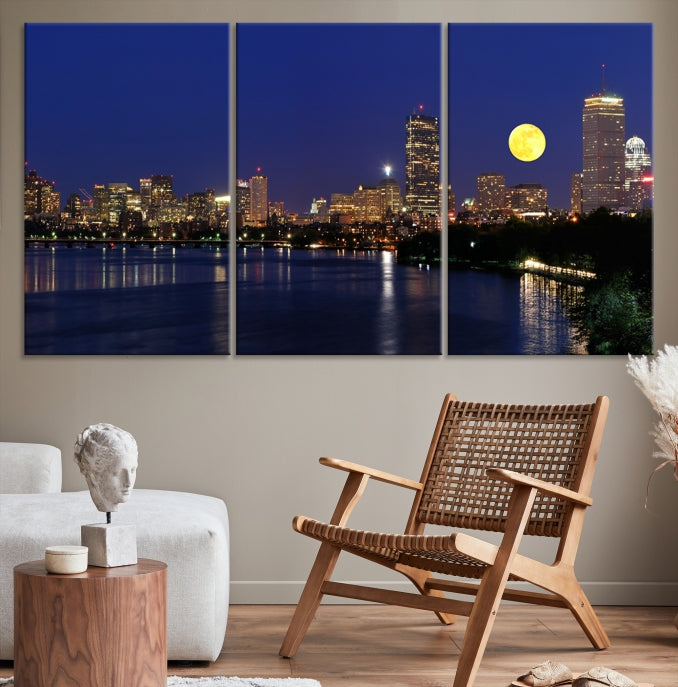 Boston City Full Moon Skyline Downtown Cityscape Large Wall Art Canvas Print