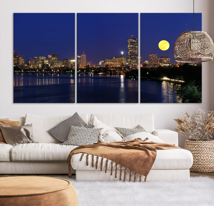 Boston City Full Moon Skyline Downtown Cityscape Large Wall Art Canvas Print