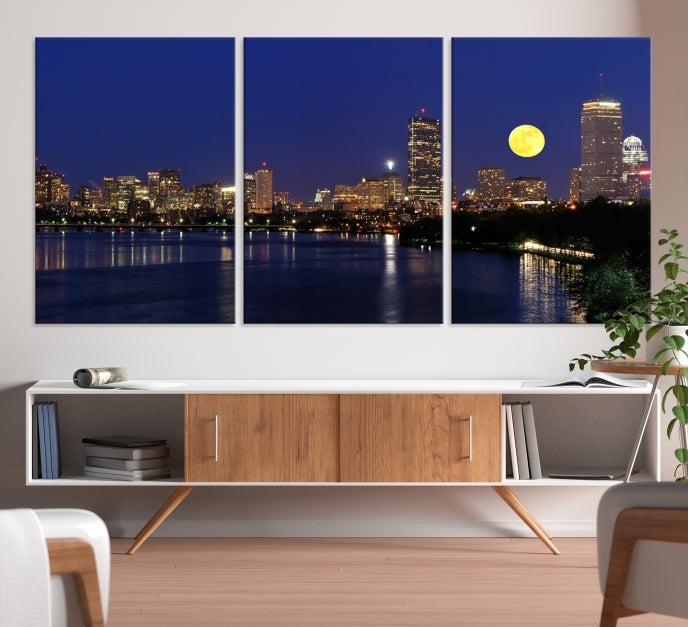 Boston City Full Moon Skyline Downtown Cityscape Large Wall Art Canvas Print