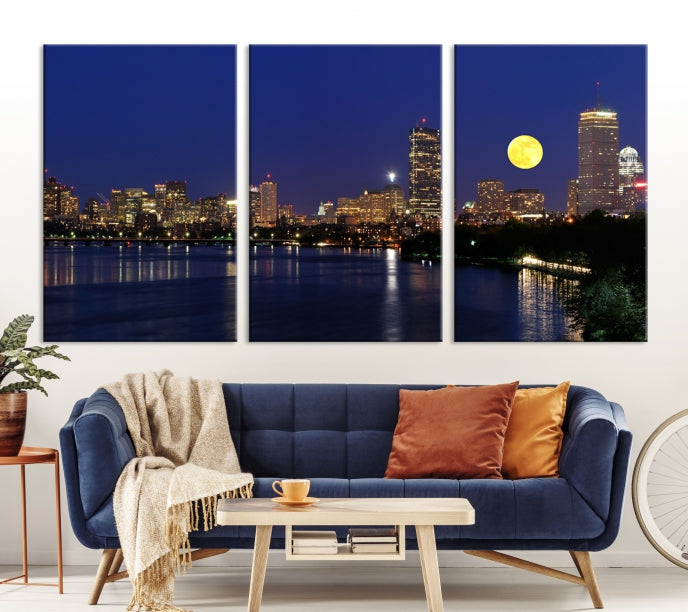 Boston City Full Moon Skyline Downtown Cityscape Large Wall Art Canvas Print