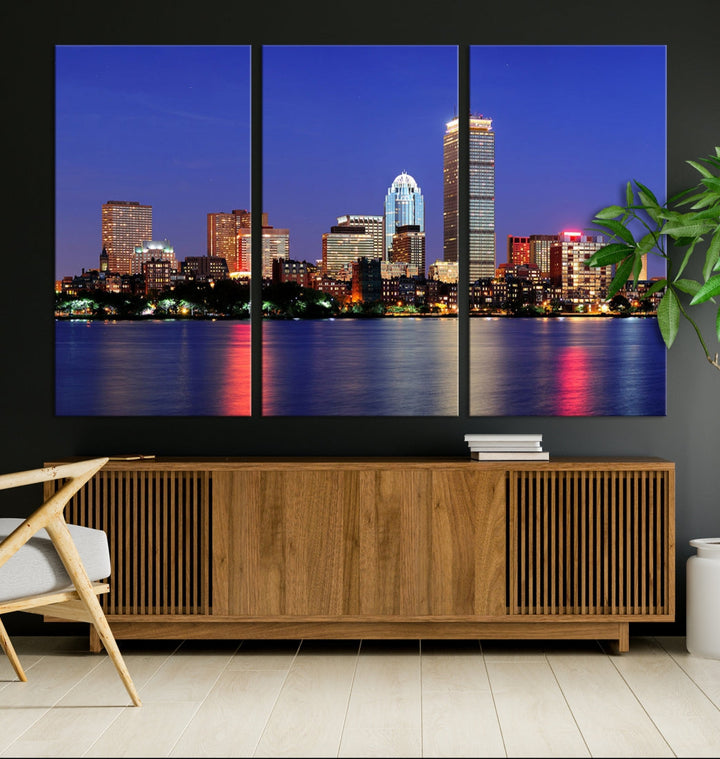 Boston City Lights Reflection Night Purple Skyline Cityscape Wall Art Canvas Print