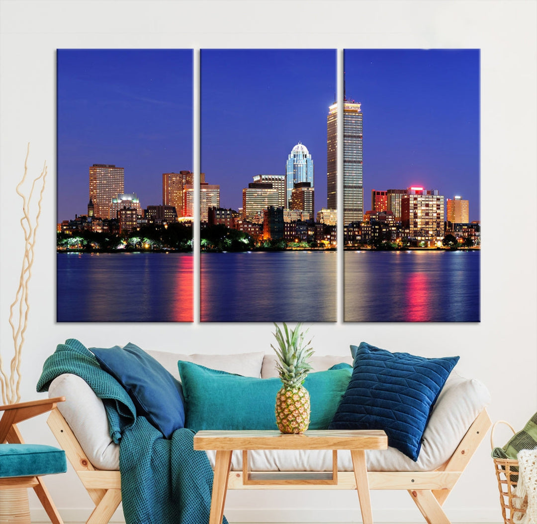 Boston City Lights Reflection Night Purple Skyline Cityscape Wall Art Canvas Print