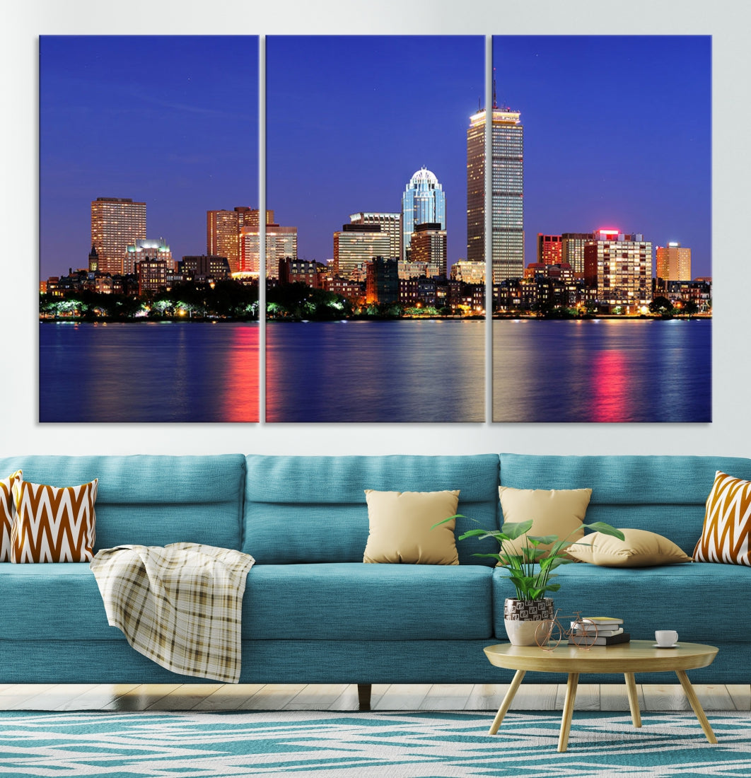 Boston City Lights Reflection Night Purple Skyline Cityscape Wall Art Canvas Print