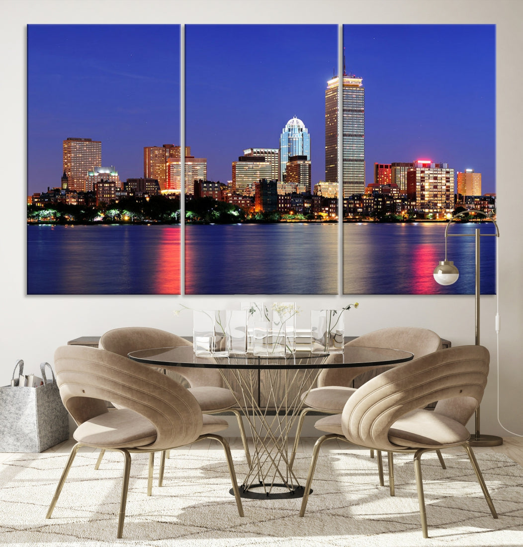 Boston City Lights Reflection Night Purple Skyline Cityscape Wall Art Canvas Print