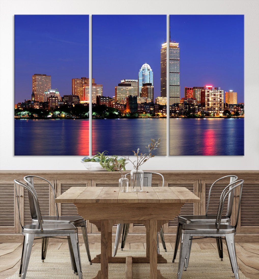 Boston City Lights Reflection Night Purple Skyline Cityscape Wall Art Canvas Print