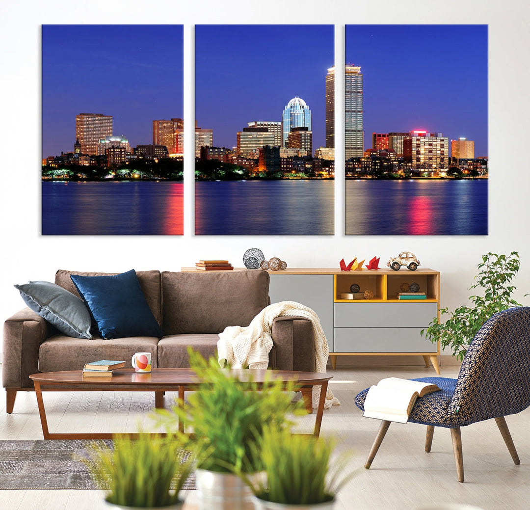 Boston City Lights Reflection Night Purple Skyline Cityscape Wall Art Canvas Print