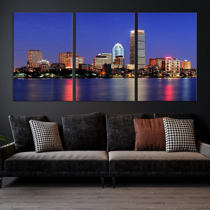 Boston City Lights Reflection Night Purple Skyline Cityscape Wall Art Canvas Print