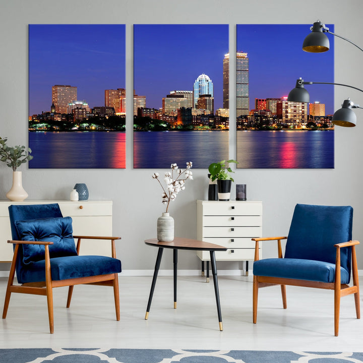 Boston City Lights Reflection Night Purple Skyline Cityscape Wall Art Canvas Print