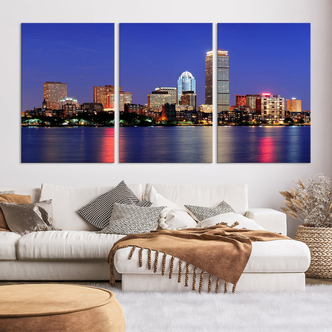 Boston City Lights Reflection Night Purple Skyline Cityscape Wall Art Canvas Print