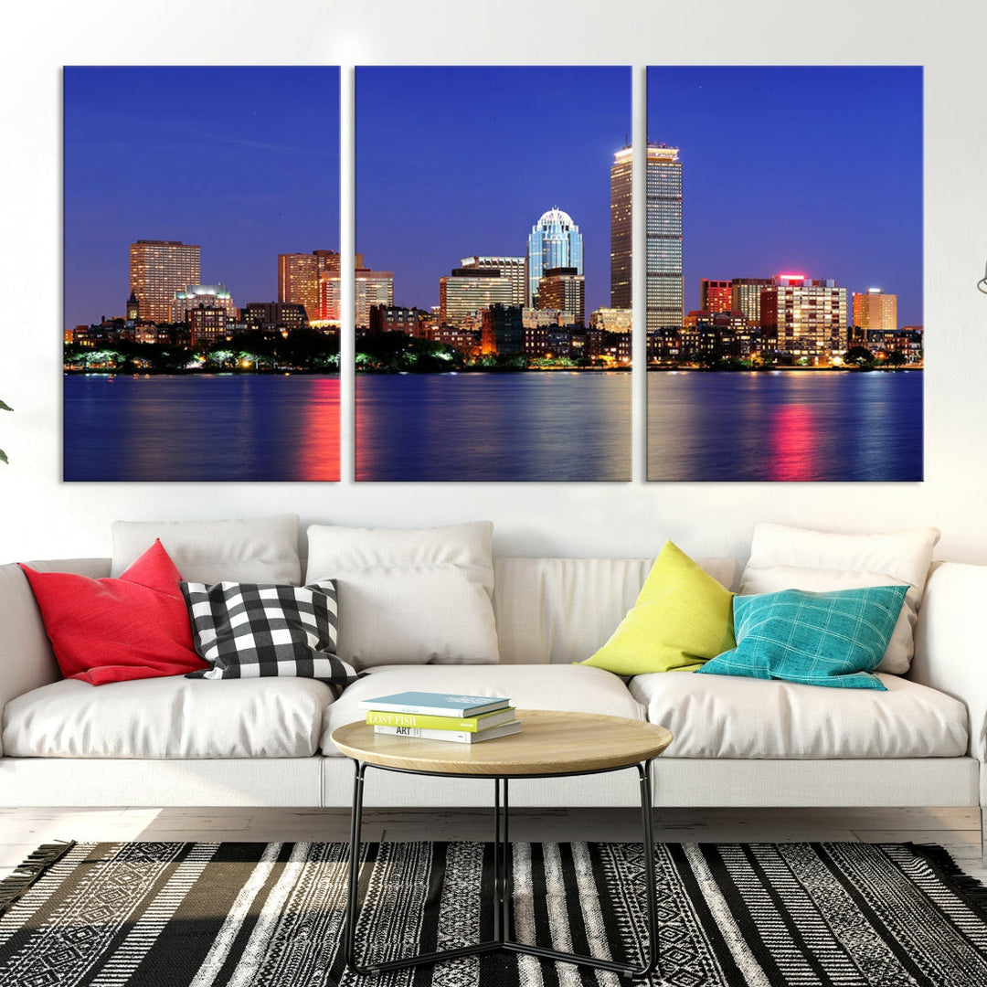 Boston City Lights Reflection Night Purple Skyline Cityscape Wall Art Canvas Print