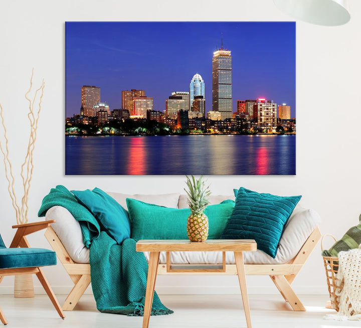 Boston City Lights Reflection Night Purple Skyline Cityscape Wall Art Canvas Print