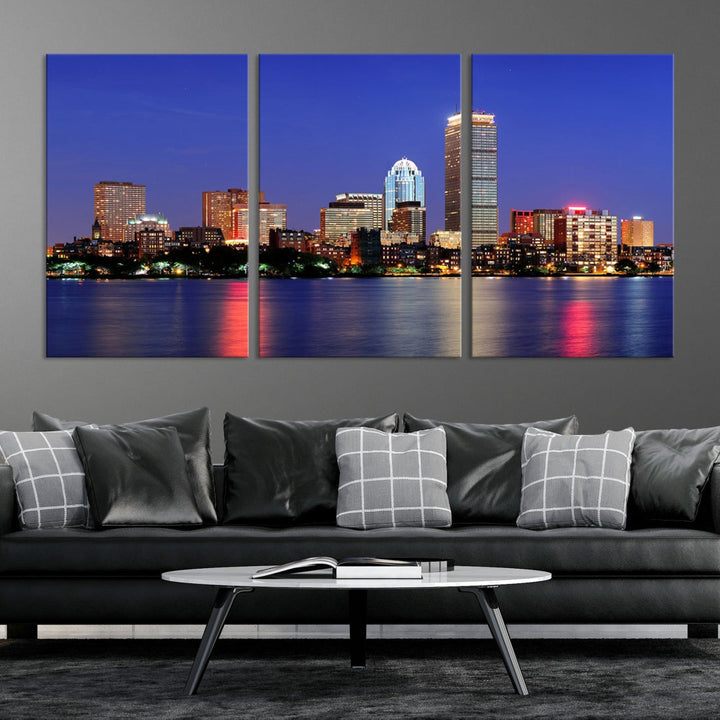 Boston City Lights Reflection Night Purple Skyline Cityscape Wall Art Canvas Print