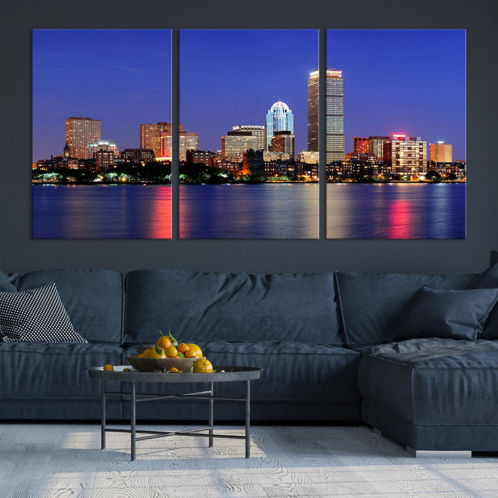 Boston City Lights Reflection Night Purple Skyline Cityscape Wall Art Canvas Print