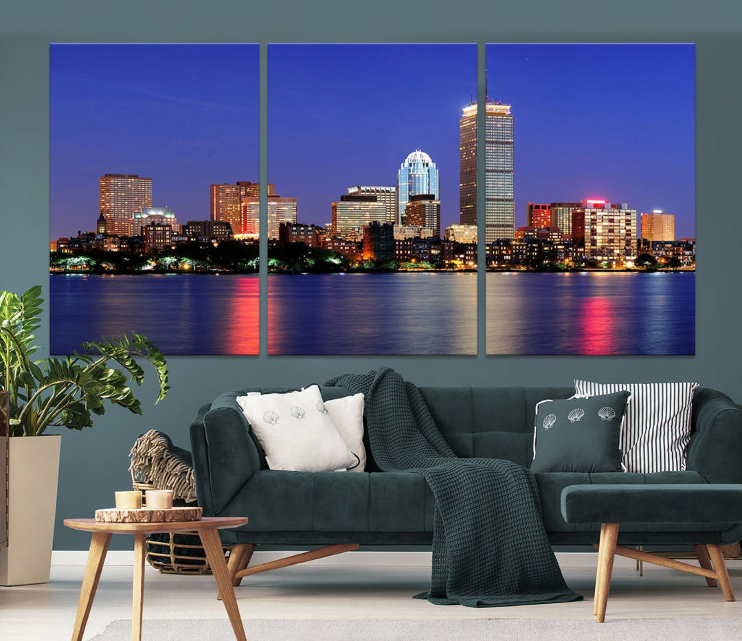 Boston City Lights Reflection Night Purple Skyline Cityscape Wall Art Canvas Print