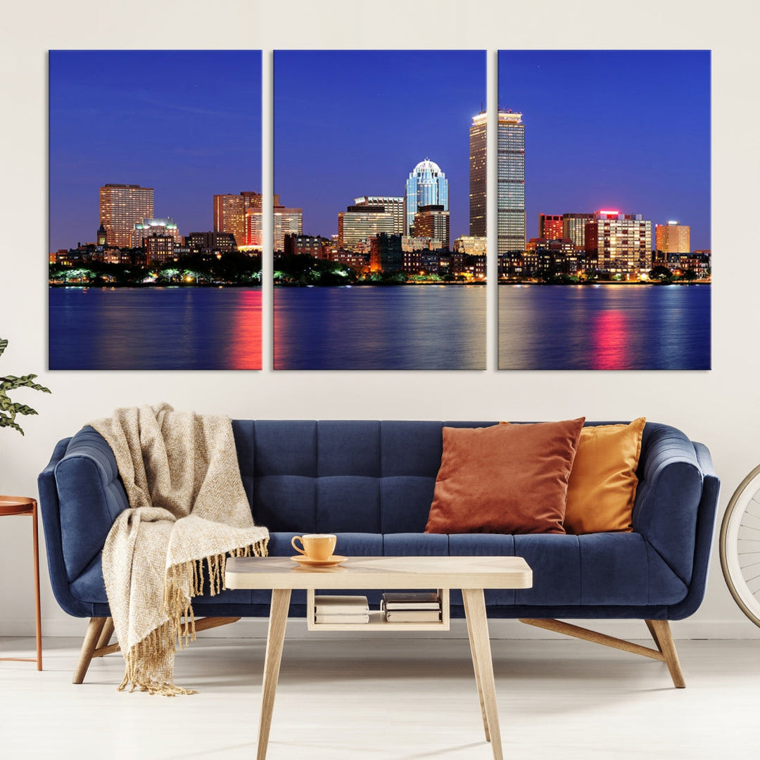 Boston City Lights Reflection Night Purple Skyline Cityscape Wall Art Canvas Print