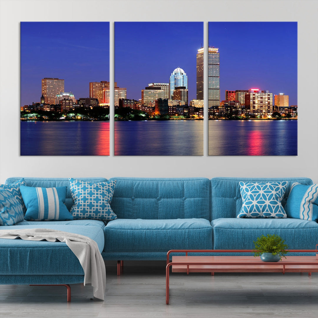 Boston City Lights Reflection Night Purple Skyline Cityscape Wall Art Canvas Print