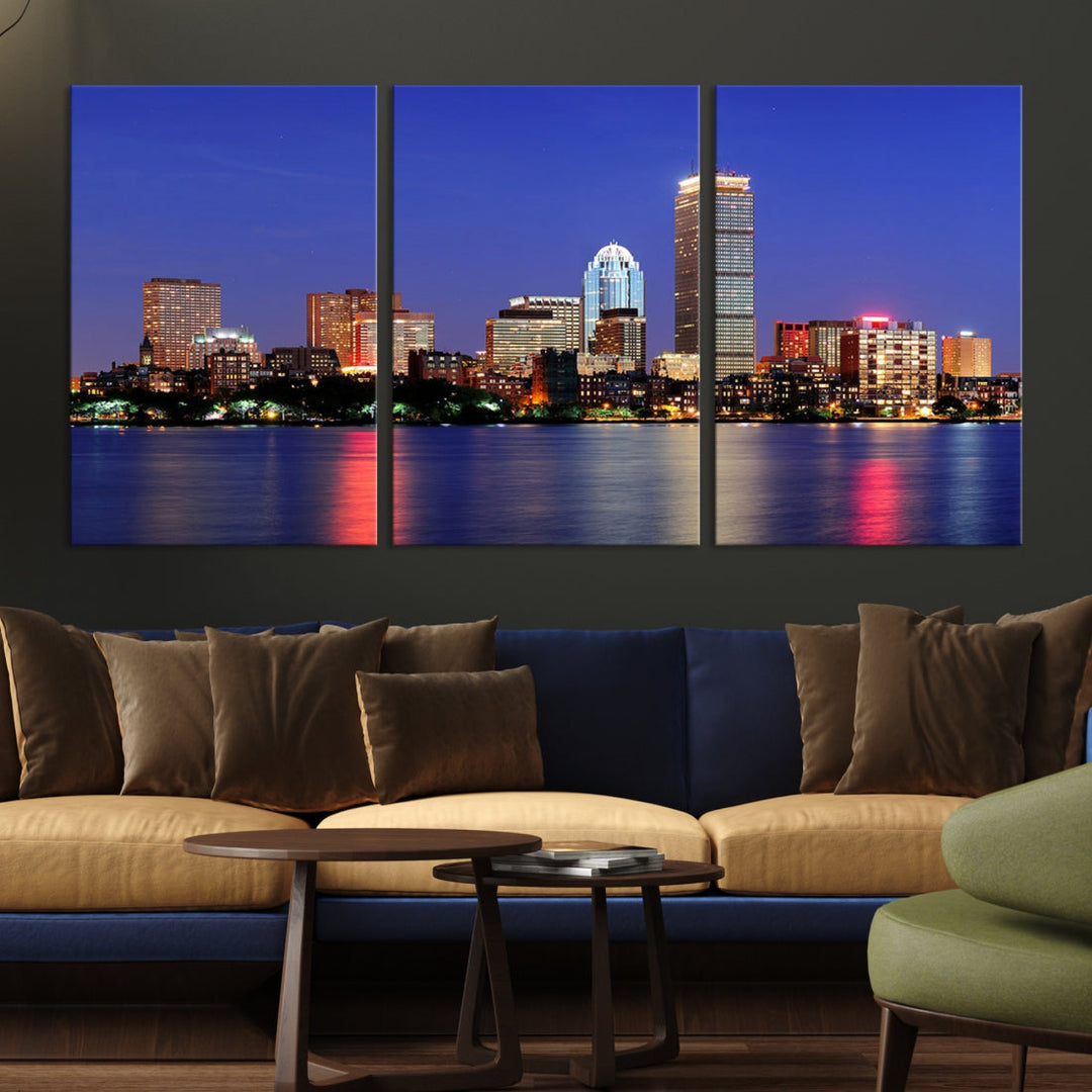 Boston City Lights Reflection Night Purple Skyline Cityscape Wall Art Canvas Print