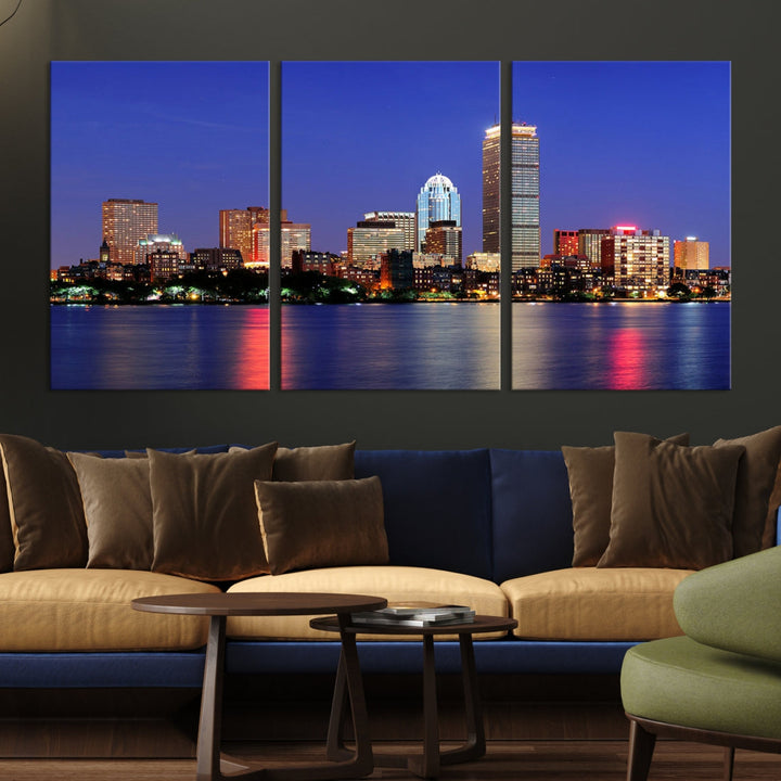 Boston City Lights Reflection Night Purple Skyline Cityscape Wall Art Canvas Print