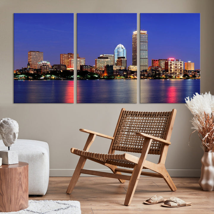 Boston City Lights Reflection Night Purple Skyline Cityscape Wall Art Canvas Print