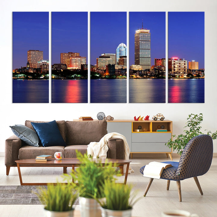 Boston City Lights Reflection Night Purple Skyline Cityscape Wall Art Canvas Print