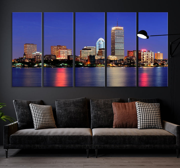 Boston City Lights Reflection Night Purple Skyline Cityscape Wall Art Canvas Print