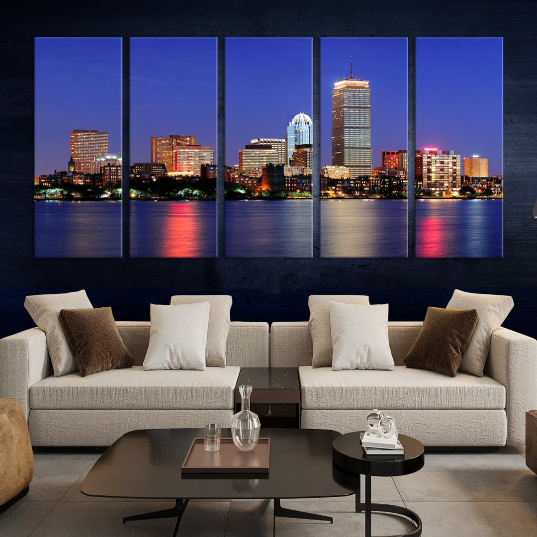 Boston City Lights Reflection Night Purple Skyline Cityscape Wall Art Canvas Print