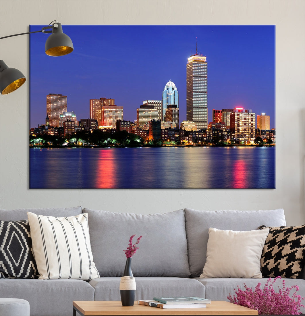 Boston City Lights Reflection Night Purple Skyline Cityscape Wall Art Canvas Print