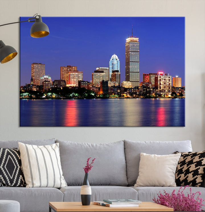 Boston City Lights Reflection Night Purple Skyline Cityscape Wall Art Canvas Print