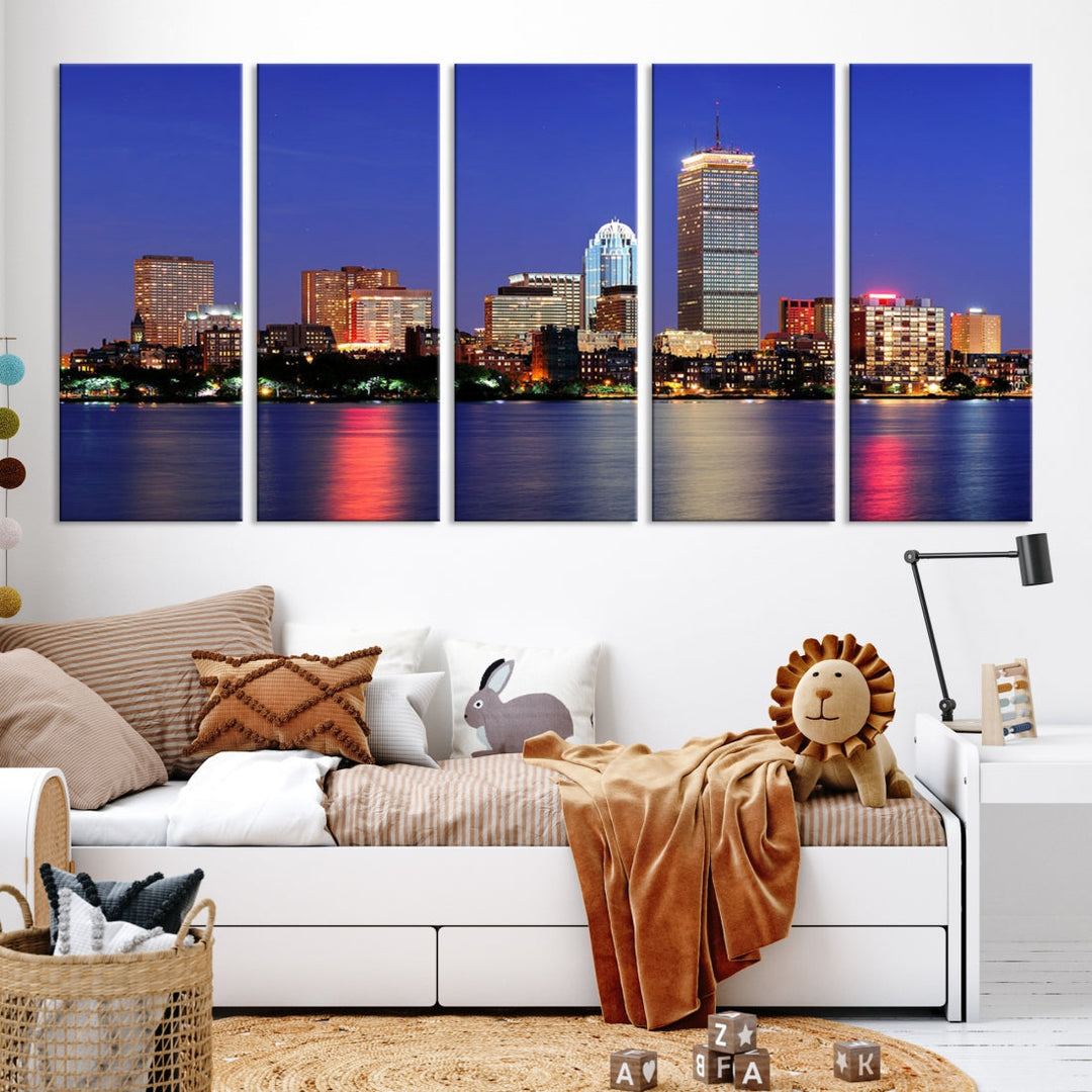 Boston City Lights Reflection Night Purple Skyline Cityscape Wall Art Canvas Print