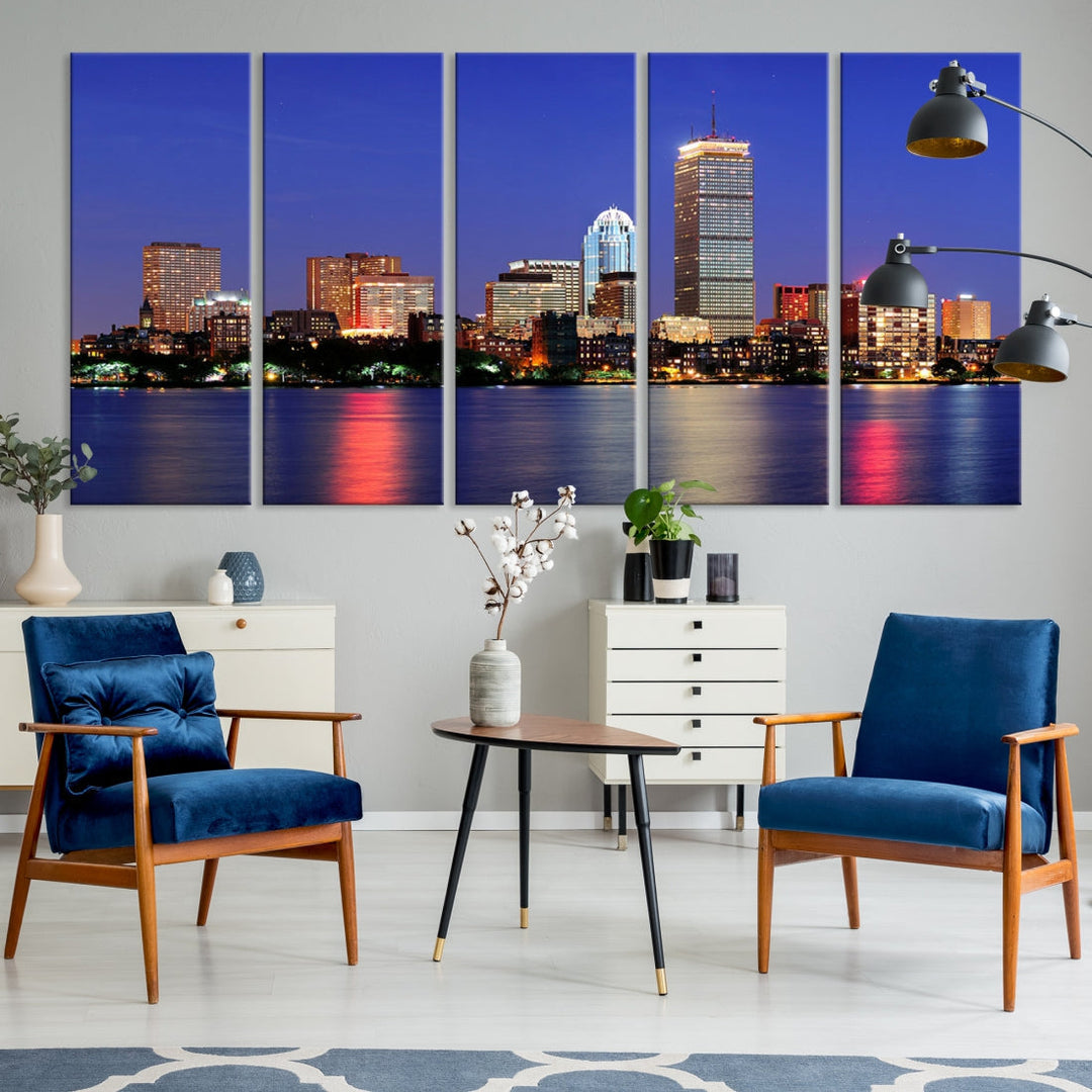 Boston City Lights Reflection Night Purple Skyline Cityscape Wall Art Canvas Print