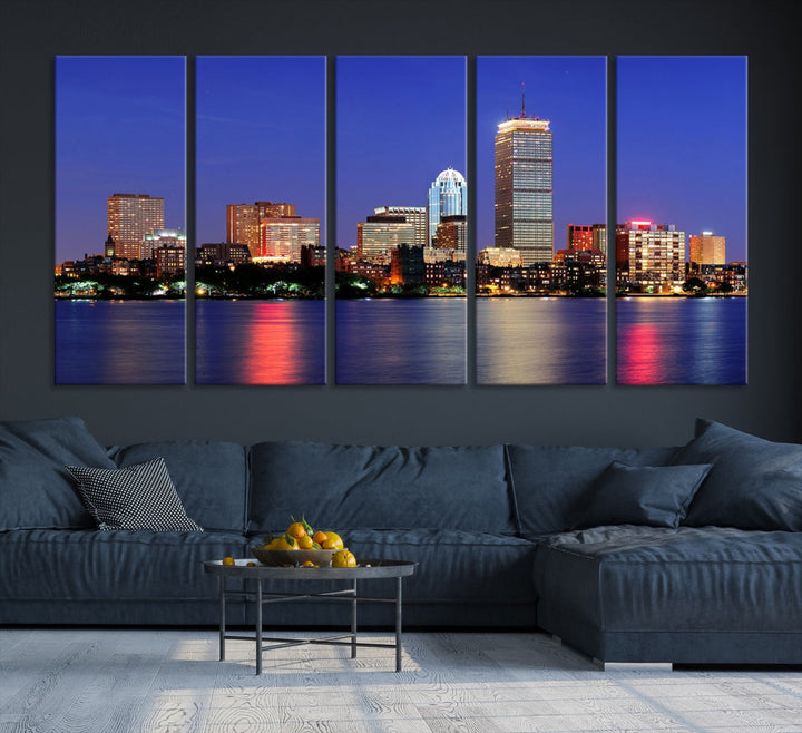 Boston City Lights Reflection Night Purple Skyline Cityscape Wall Art Canvas Print