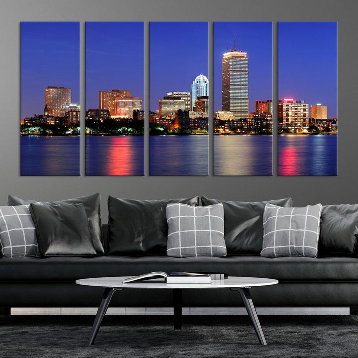 Boston City Lights Reflection Night Purple Skyline Cityscape Wall Art Canvas Print