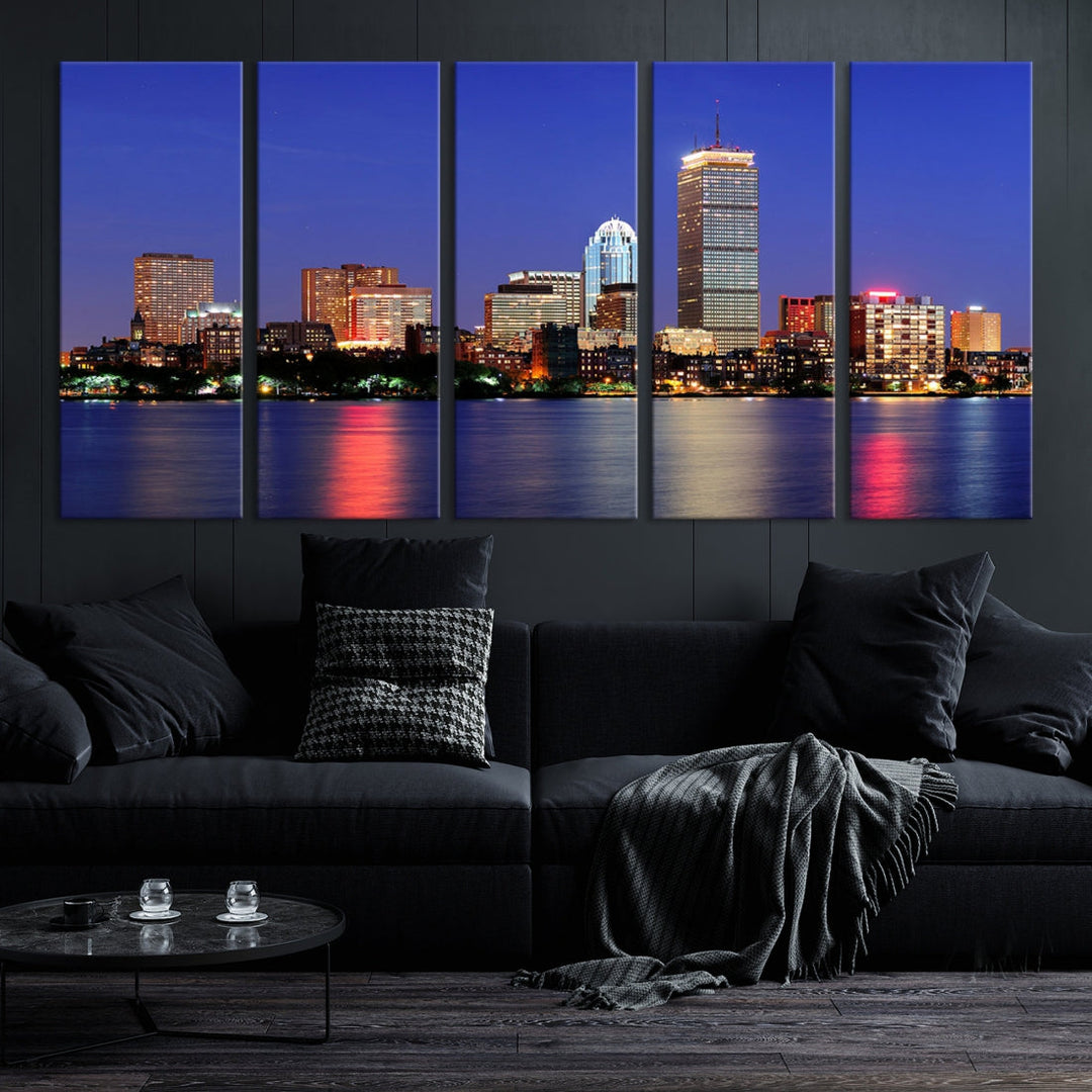 Boston City Lights Reflection Night Purple Skyline Cityscape Wall Art Canvas Print