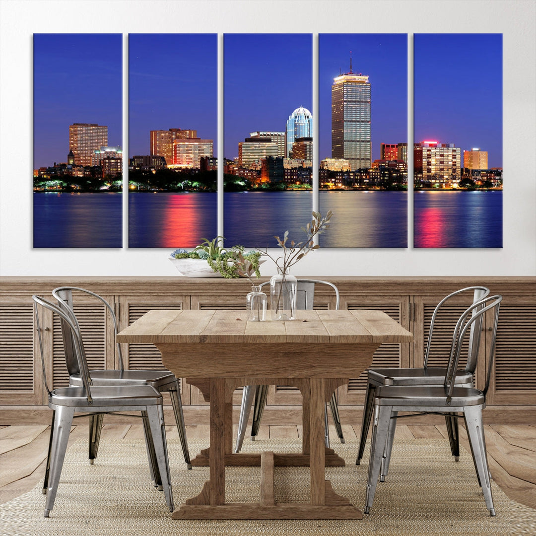 Boston City Lights Reflection Night Purple Skyline Cityscape Wall Art Canvas Print